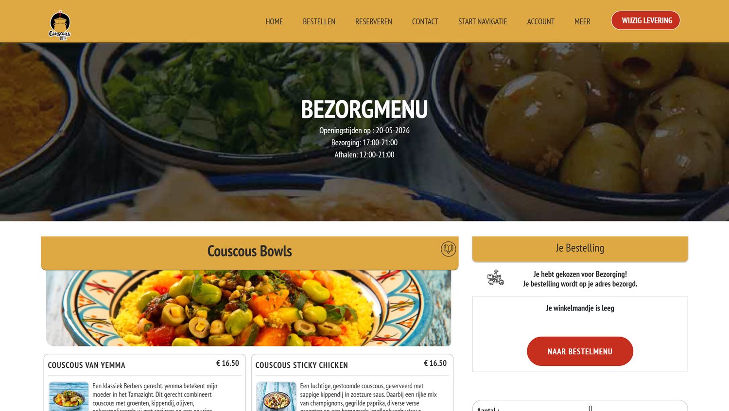 De website van Couscousbar — het menu, afhalen en bezorgen in Tilburg.
